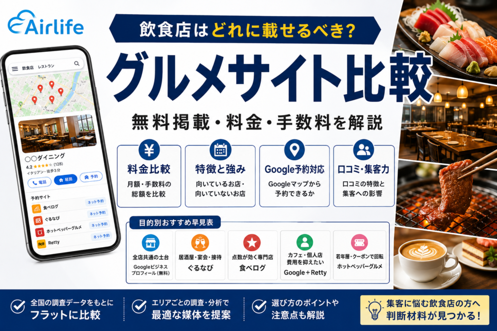 飲食店向けグルメサイト比較（食べログ・ぐるなび・ホットペッパー・Rettyの特徴や料金を比較）
