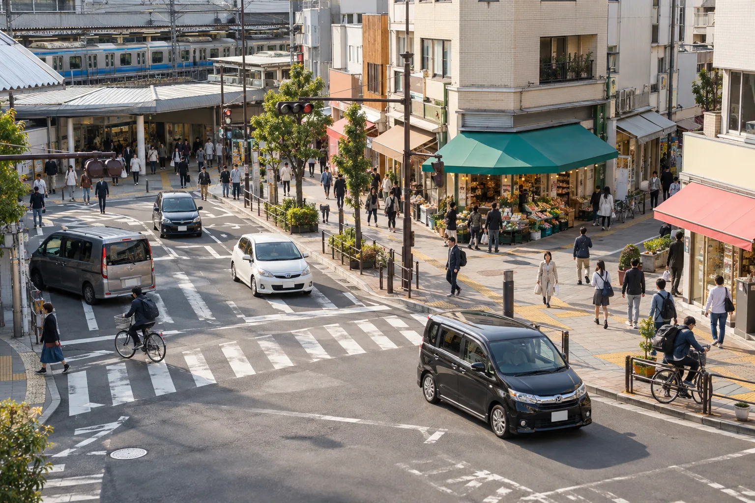 駅前の商店街を行き交う人と車