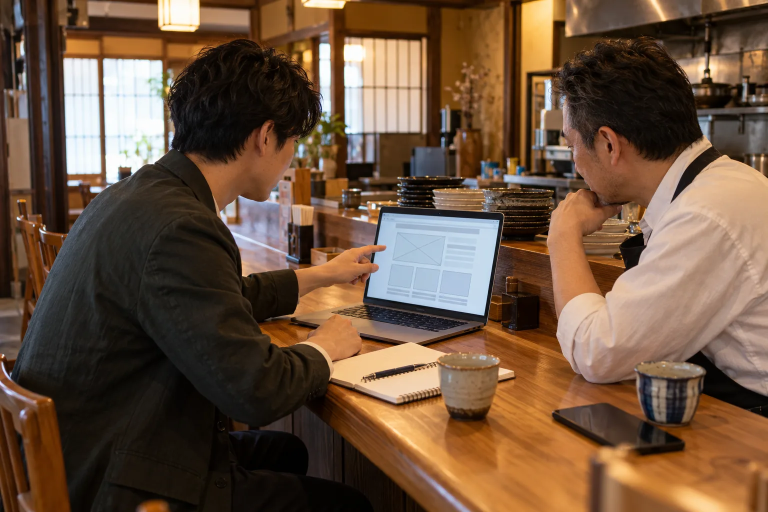 お店でオーナーとホームページの打ち合わせをする様子
