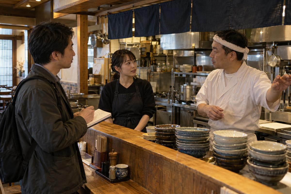 飲食店のスタッフから仕事内容を聞き取る様子